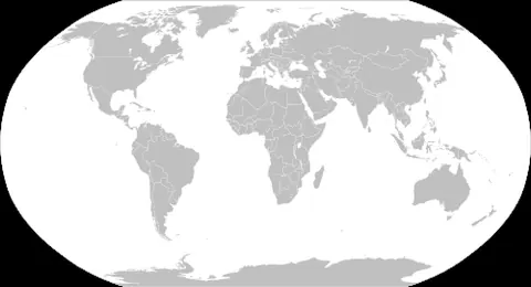 A blank political world map showing country boundaries across all continents