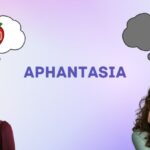 Woman visualizing an apple in her mind and another woman thinking and can't visualize anything. Aphantasia is written in the middle.