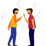 Illustration of two people angrily pointing fingers at each other, with steam-like symbols around their heads to represent anger.