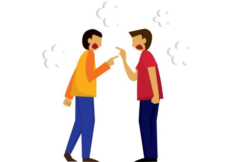 Illustration of two people angrily pointing fingers at each other, with steam-like symbols around their heads to represent anger.