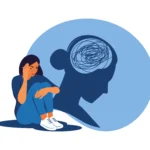 Person with OCD holding their head. In the background an illustration is shown of their mind feeling frazzled