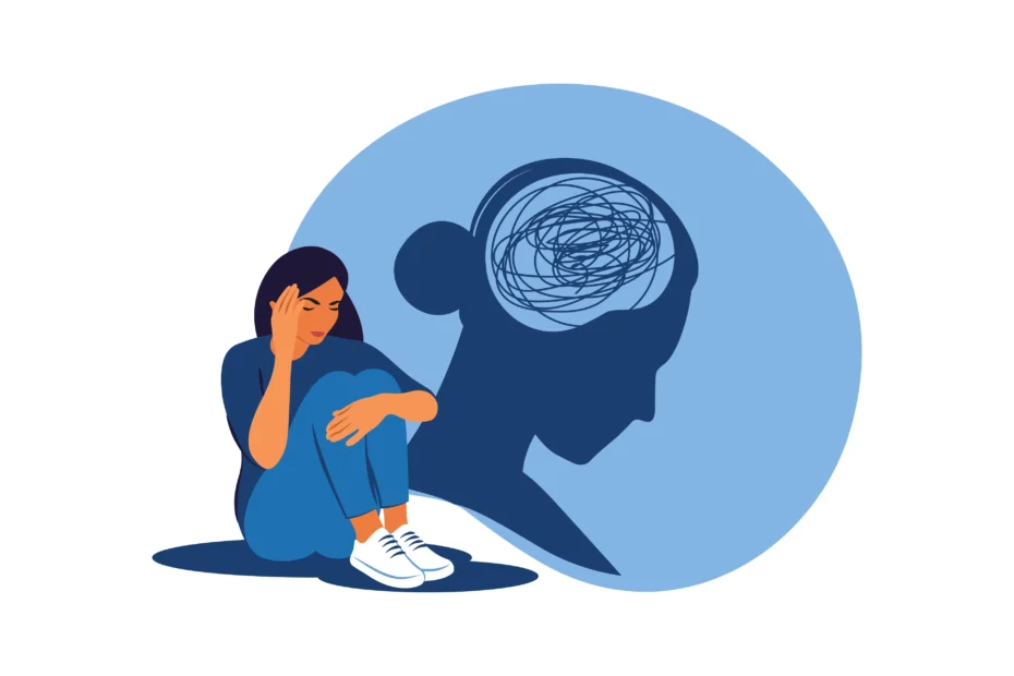 Person with OCD holding their head. In the background an illustration is shown of their mind feeling frazzled