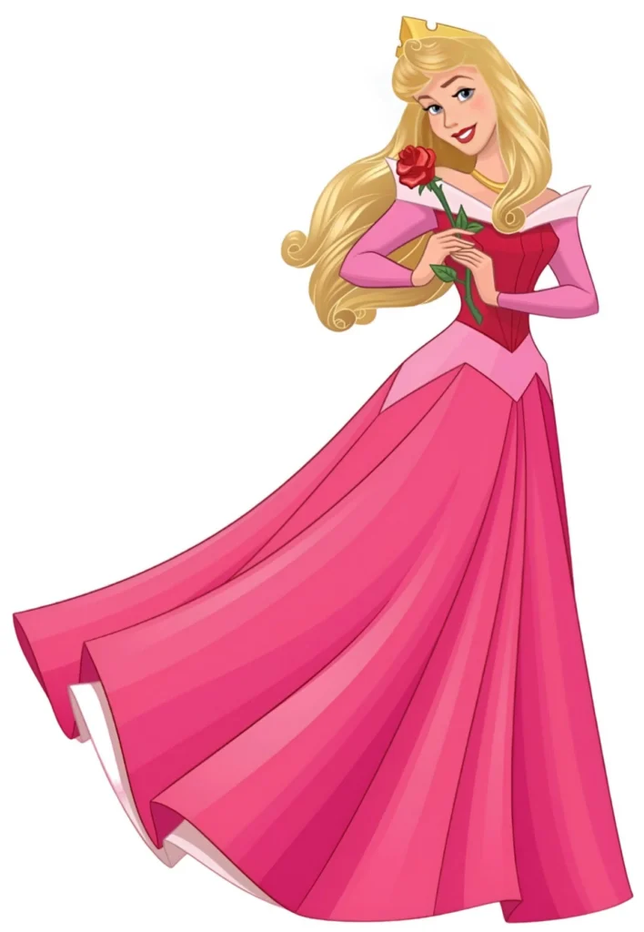 Aurora from Sleeping Beauty in a pink and red dress smiling and holding a rose.