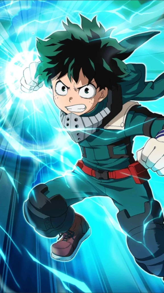 Izuku Midoriya ("Deku"), from My Hero Academia, in a power stance