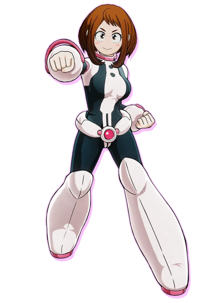 Ochaco Uraraka, from My Hero Academia, standing in a power stance smiling.