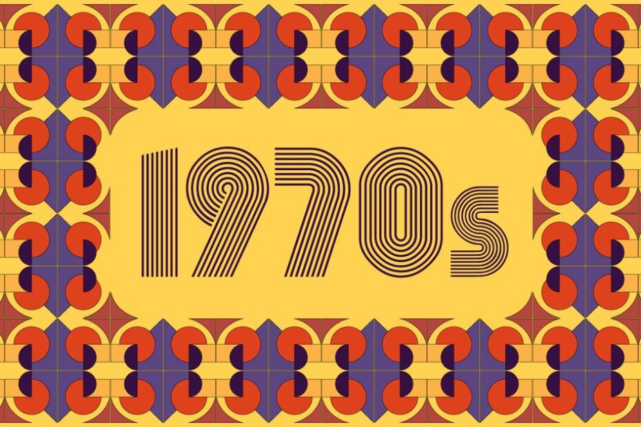 A retro 1970s-themed design with bold, geometric patterns in orange, blue, and yellow. The center features the text '1970s' in a stylized, wavy font, evoking the groovy aesthetic of the decade.