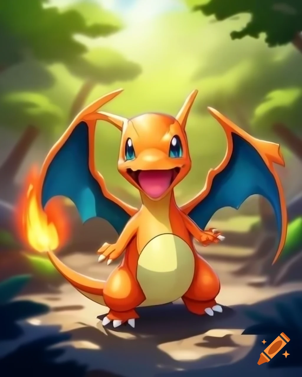 Charizard, a pokemon with a dragon-like appearance standing in a power stance and flames emanating from their tail.