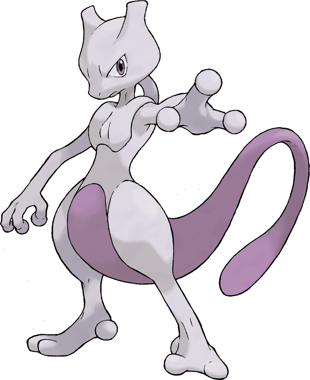 Mewtwo, a sleek and powerful Pokémon with a humanoid shape, purple accents, and a fierce expression.