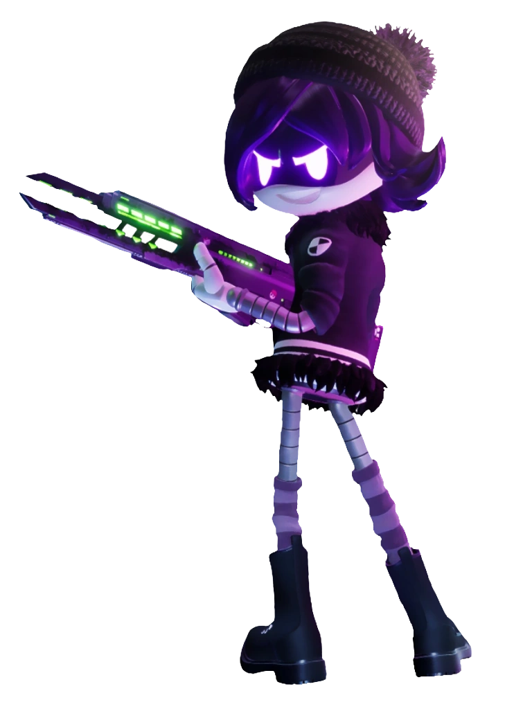 Uzi, one of the main characters from Murder Drones, back turned while looking over their shoulder with glowing eyes and a purple-pink hue